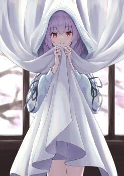 1girl absurdres atsuko_(blue_archive) black_ribbon blue_archive blush closed_mouth commentary cowboy_shot curtain_grab curtains eyelashes eyes_visible_through_hair hair_between_eyes hands_up highres hood hood_up hooded_jacket indoors jacket kuronagasu_ir long_hair long_sleeves looking_at_viewer purple_hair red_eyes ribbon sleeve_ribbon smile solo straight-on white_jacket window