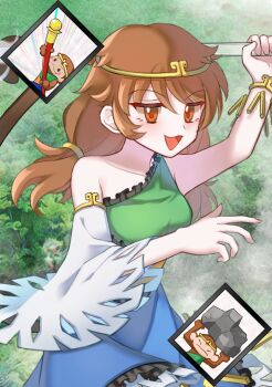 1girl ability_card_(touhou) blue_dress bo_staff brown_hair circlet commentary_request detached_sleeves dress green_dress long_hair mirei_(miirei) monkey multicolored_dress open_mouth rock ruyi_jingu_bang single-shoulder_dress single_detached_sleeve smile solo son_biten touhou twintails unfinished_dream_of_all_living_ghost white_sleeves yellow_dress