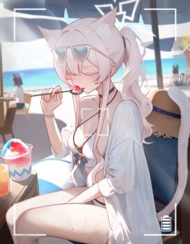 4girls akira_(blue_archive) animal_ears ball bare_legs beach beach_umbrella beachball bikini black_choker black_hair blue_archive blush breasts cat_ears cat_tail choker closed_eyes colored_eyelashes commentary criss-cross_halter eyewear_on_head food grey_hair halo halterneck hat highres holding holding_spoon jacket kazusa_(blue_archive) kikyou_(blue_archive) long_hair mari_(blue_archive) medium_breasts mellow_(srpp4843) multiple_girls outdoors pink_hair ponytail shaved_ice single_bare_shoulder sitting solo_focus spoon straw_hat sunglasses sweat swimsuit syrup tail tongue tongue_out umbrella viewfinder white_bikini white_eyelashes white_jacket