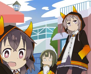 Rule 34 | 3girls, asakura mihono, ban tsugumi, black jacket, black pantyhose, brown hair, building, closed mouth, collared shirt, crepe, day, food, gradient clothes, green hair, grey hair, hands in pockets, highres, holding, holding crepe, holding food, hood, hood down, hood up, hooded jacket, horned hood, horns, jacket, kazuemon, long sleeves, looking at viewer, minoseki gakuin uniform, multiple girls, o o, open clothes, open jacket, open mouth, outdoors, pantyhose, pleated skirt, purple eyes, purple skirt, renpu girls school uniform, school uniform, shichinosato kofuki, shirt, short hair, skirt, standing, toji no miko, white shirt, winter uniform