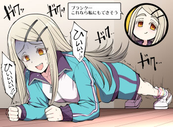 Rule 34 | 1girl, @ @, aqua jacket, aqua shoes, clenched hands, collarbone, commentary request, full body, gakuen idolmaster, grey hair, hair ornament, hairclip, heel pop, idolmaster, jacket, loose socks, multiple views, open mouth, orange eyes, parallel hairclips, planking, serebi ryousangata, shinosawa hiro, shoes, socks, speech bubble, striped clothes, striped socks, track jacket, trembling, turn pale, white shoes