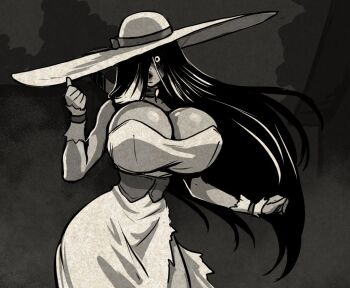 1girl 2025 2channel :o arm_at_side arm_up black_hair blush breasts choker cleavage clenched_hands clothing_cutout commentary contrapposto corset cowboy_shot curvy detached_sleeves dress english_commentary eye_visible_through_hair eyebrows_hidden_by_hair female_focus fingernails game_cg hachishaku_(game) hair_over_one_eye hasshaku-sama hat huge_breasts japanese_urban_legends long_fingernails long_hair narrow_waist nose_blush open_mouth ribbon side_cutout standing straight_hair sun_hat tall_female thick_lips torn_clothes torn_dress trash_panda_games very_long_hair white_dress wide-eyed