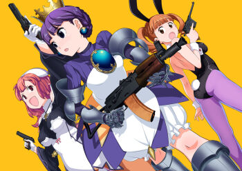 00s 3girls aks-74u animal_ears armor armored_dress ass assault_rifle atlus bloomers brown_eyes brown_hair cocked_hammer crossover crown dress dual_wielding eclair_(la_pucelle) fake_animal_ears fuwa_daisuke gauntlets gold_crown gradriel gradriel_de_valendia gun handgun holding holding_gun holding_weapon kalashnikov_rifle la_pucelle looking_back m1911 mauser_c96 multiple_crossover multiple_girls onegai_my_melody open_mouth orange_background pantyhose pistol playboy_bunny prier princess_crown purple_eyes purple_hair rabbit_ears red_eyes red_hair rifle sanrio trigger_discipline twintails underwear weapon white_bloomers yumeno_uta
