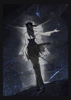 1girl absurdres ado_(utaite) audience black_bow black_corset black_hair black_pants bow chando_(ado) commentary_request corset ericathw from_behind hair_bow hand_up highres long_hair long_sleeves pants ponytail shirt solo utaite white_shirt yodaka_(ado)