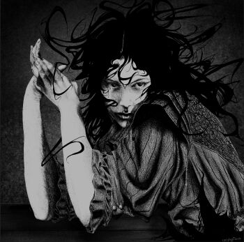 1boy black_hair black_tunic cantplaypiano1 capelet frilled_sleeves frills hands_up highres holding_own_hand long_hair looking_to_the_side male_focus messy_hair serious shadow_slave solo sunny_(shadow_slave) tunic upper_body