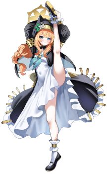 1girl absurdres black_shoes blue_archive commentary_request covered_navel flower full_body halo highres leg_up long_hair looking_at_viewer mari_(blue_archive) nun orange_hair panties pantyshot sak_(lemondisk) shoes simple_background socks solo split standing standing_on_one_leg standing_split underwear white_background white_flower white_panties white_socks yellow_halo