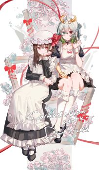 2girls absurdres apron black_choker black_dress black_shoes blue_eyes bow brown_hair choker choppy_bangs closed_mouth colored_tips commentary commission double-parted_bangs dress english_commentary grey_hair hair_between_eyes hat head_rest heterochromia highres kneehighs long_hair long_sleeves looking_at_viewer maid maid_apron mob_cap multicolored_hair multiple_girls open_mouth original pyyuu red_bow red_eyes shoes short_hair short_sleeves sitting smile socks watermark white_apron white_hat white_socks white_wrist_cuffs wrist_cuffs