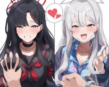 2girls absurdres black_choker black_gloves black_hair black_sailor_collar black_serafuku black_shirt blue_archive blue_necktie blue_shirt blush choker collarbone cuffs gloves grey_eyes grey_hair grey_halo hair_between_eyes hair_ornament hairclip halo handcuffs hawaiian_shirt heart highres holding holding_hands holding_key ichika_(blue_archive) interlocked_fingers jacket key konoka_(blue_archive) long_hair looking_at_viewer multiple_girls necktie oiru_(613) open_clothes open_jacket open_mouth parted_bangs pov pov_hands red_halo sailor_collar school_uniform serafuku shared_handcuffs shared_speech_bubble shirt smile speech_bubble spoken_heart trait_connection upper_body