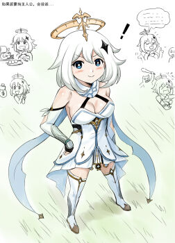 ! &gt;_&lt; 1girl aged_up arm_guards boots breasts bridal_gauntlets cleavage club_(weapon) commentary_request cosplay dango detached_sleeves dress drooling food from_above genshin_impact halo hand_on_own_hip highres holding holding_club holding_weapon index_finger_raised lumine_(genshin_impact) lumine_(genshin_impact)_(cosplay) medium_breasts medium_hair paimon_(genshin_impact) short_dress thigh_boots wagashi weapon white_boots y.ssanoha