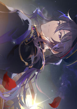 1boy aiguillette backlighting black_coat black_hat closed_mouth coat commentary_request double-parted_bangs ensemble_stars! epaulettes falling_petals floating_hair from_behind glint gold_trim hair_between_eyes hat high_collar highres idol idol_clothes kanzaki_souma kaoso long_hair looking_at_viewer looking_back male_focus milky_way official_alternate_costume outdoors peaked_cap petals ponytail red_petals sidelocks sideways sky smile solo star_(sky) starry_sky sunset train