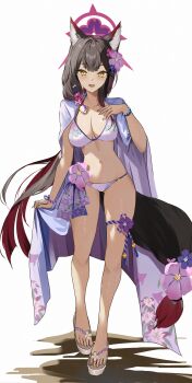 1girl :d absurdres animal_ear_fluff animal_ears bead_bracelet beads bikini black_hair blue_archive blunt_bangs blunt_ends blush bracelet breasts cleavage collarbone colored_inner_hair commentary eyelashes film_grain flower fox_ears fox_girl fox_tail full_body hair_flower hair_ornament hair_over_shoulder halo hand_up highres jewelry large_breasts long_hair looking_at_viewer multicolored_hair nail_polish official_alternate_costume open_mouth pink_flower purple_flower purple_nails red_hair red_halo sandals simple_background skirt_hold smile solo standing straight_hair swimsuit tail tail_flower tail_ornament tsurime two-tone_hair udonpan very_long_hair wakamo_(blue_archive) wakamo_(swimsuit)_(blue_archive) white_background white_bikini white_sandals yellow_eyes