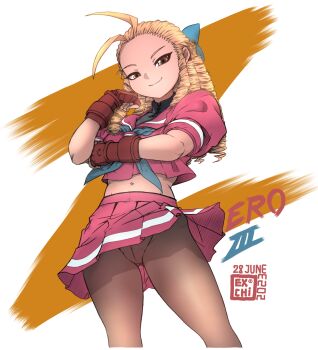 1girl 2023 20s antenna_hair blonde_hair blue_bow blue_neckerchief bow braid brown_eyes brown_gloves brown_pantyhose capcom crotch_seam crown_braid dated exchi.exconner fingerless_gloves gloves hair_bow june kanzuki_karin long_hair looking_at_viewer midriff navel neckerchief panties panties_under_pantyhose pantyhose puffy_sleeves red_shirt red_skirt ringlets school_uniform shirt short_sleeves skirt smile standing street_fighter underwear white_background wind wind_lift