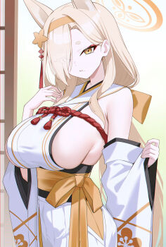 1girl absurdres animal_ears bine_kun blonde_hair blue_archive breasts commentary detached_sleeves english_commentary extra_ears eyeshadow fox_ears hair_over_one_eye hairband hakama halo highres japanese_clothes kaho_(blue_archive) kimono large_breasts long_bangs long_hair looking_at_viewer makeup mole mole_under_mouth orange_hairband orange_halo pink_eyeshadow red_rope rope short_eyebrows sideboob sideless_kimono sleeveless sleeveless_kimono thick_eyebrows white_hakama white_kimono yellow_hairband