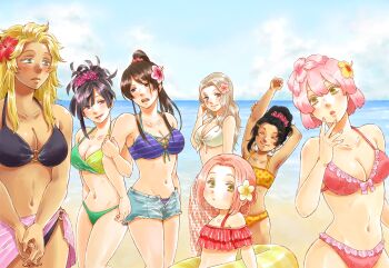 6+girls beach bikini birthmark black_hair blonde_hair blue_eyes bow bow_bikini braid breasts brown_hair cleavage closed_eyes cloud commentary_request denim denim_shorts flower front-tie_bikini_top front-tie_top hair_flower hair_ornament hair_scrunchie highres jigokuraku locked_arms mei_(jigokuraku) mito_459rk multiple_girls navel nurugai open_mouth pink_bow pink_flower pink_hair polka_dot polka_dot_bikini purple_eyes red_flower sarong scrunchie shorts smile stretching swim_ring swimsuit tao_fa yamada_asaemon_isuzu yamada_asaemon_sagiri yellow_eyes yellow_flower yui_(jigokuraku) yuzuriha_(jigokuraku)