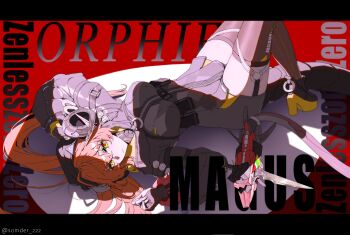 Rule 34 | 1girl, absurdres, ammunition, asymmetrical gloves, black hat, black horns, breasts, brown thighhighs, character name, closed mouth, commentary, copyright name, crossed bangs, curled horns, dress, english commentary, fingerless gloves, gloves, gun, hair between eyes, hat, highres, horns, knees up, letterboxed, long hair, looking at viewer, lying, magus (zenless zone zero), mechanical horns, mechanical tail, medium breasts, mismatched gloves, on back, orange hair, orange pupils, orphie magnusson, pointy ears, red background, single fingerless glove, somder, tail, thighhighs, twitter username, weapon, yellow gloves, zenless zone zero, zipper dress