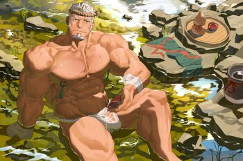 1boy abs absurdres bandaged_hand bandaged_wrist bandages bara beard facial_hair fundoshi green_eyes hachimaki headband highres holding indie_virtual_youtuber japanese_clothes large_pectorals leg_hair looking_at_viewer male_focus muscular muscular_male mustache_stubble navel navel_hair nipple_piercing nipples outdoors pectorals piercing second-party_source short_hair sideburns sitting solo sparse_chest_hair stubble tekkowang thick_thighs thighs topless_male water white_hair ying_feng_(slaveedge)