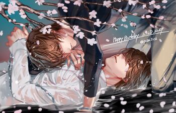 2boys black_shirt brown_hair cherry_blossoms collared_shirt commentary_request dated death_note dual_persona falling_petals grey_pants hair_between_eyes happy_birthday highres kneeling looking_at_viewer male_focus multiple_boys pan2ca pants parted_lips petals pink_petals shirt short_hair twitter_username wet wet_clothes wet_shirt white_shirt yagami_light