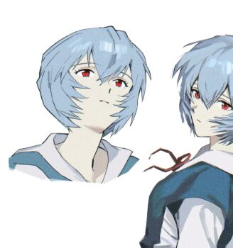1girl ayanami_rei blue_eyes cropped_torso double-parted_bangs hair_between_eyes highres k_and_s_53 looking_up multiple_views neck_ribbon neon_genesis_evangelion red_eyes red_ribbon ribbon school_uniform serafuku short_hair white_background
