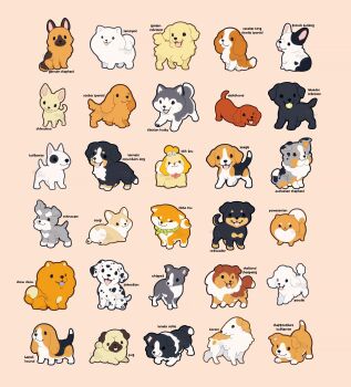 :3 animal animal_focus artist_name australian_shepherd baby_animal ball basset_hound beagle bernese_mountain_dog border_collie borzoi bull_terrier bulldog chibi chihuahua chow_chow closed_mouth clothed_animal commentary dachshund dalmatian dog english_commentary english_text foot_up french_bulldog german_shepherd golden_retriever happy highres husky ida_(floofyfluff) isabelle_(animal_crossing) labrador_retriever looking_ahead looking_at_viewer looking_back looking_to_the_side mouth_hold neckerchief open_mouth original pomeranian_(dog) poodle pug puppy rottweiler samoyed_(dog) schnauzer shetland_sheepdog shiba_inu shih_tzu sitting smile spaniel_(dog) sploot tail_raised tongue tongue_out welsh_corgi