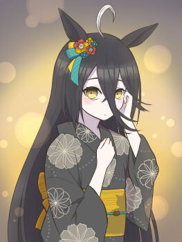 1girl absurdres ahoge alternate_costume animal_ears black_hair black_kimono blush bow closed_mouth crossed_bangs ear_flower ear_ribbon floral_print green_ribbon grey_ribbon hair_between_eyes hand_on_own_face hands_up highres horse_ears horse_girl japanese_clothes kimono long_hair long_hair_between_eyes long_sleeves manhattan_cafe_(umamusume) multicolored_hair obi okk1772 ribbon sash solo umamusume very_long_hair white_hair yellow_eyes yellow_sash