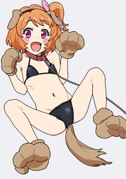1girl aikatsu! aikatsu!_(series) animal_ear_hairband animal_ears animal_hands bikini black_bikini blush bow collar dog_ears dog_tail fake_animal_ears fake_tail fang flat_chest full_body gloves hair_bow hairband highres leash lying navel on_back open_mouth orange_hair osame ozora_akari paw_gloves paw_pose paw_shoes pet_play pink_bow pink_eyes ponytail red_collar short_hair short_ponytail side_ponytail simple_background small_sweatdrop solo spread_legs stomach string_bikini swimsuit tail