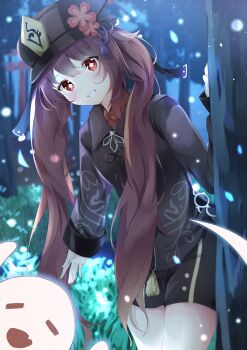 aizawa_(aizawatsu) black_hat black_shorts blush chinese_clothes genshin_impact grin hat highres hu_tao_(genshin_impact) long_hair night red_eyes short_shorts shorts smile snow snowing solo twintails very_long_hair