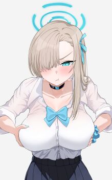 1girl :t absurdres asuna_(blue_archive) asuna_(school_uniform)_(blue_archive) asymmetrical_bangs black_choker black_skirt blue_archive blue_bow blue_bowtie blue_eyes blue_halo blue_nails blue_ribbon blue_scrunchie blush bow bowtie breasts brown_hair choker collarbone collared_shirt commentary_request grabbing_own_breast hair_over_one_eye halo highres large_breasts long_hair long_sleeves looking_at_viewer nasunonasuka pleated_skirt ribbon school_uniform scrunchie shirt shirt_tucked_in simple_background skirt sleeves_rolled_up solo white_background white_shirt wrist_scrunchie