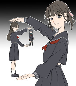 3girls black_hair black_serafuku forced_perspective gradient_background highres igarashi_sakuko long_hair multiple_girls neckerchief nishida_rinko pleated_skirt red_neckerchief s_hy school_uniform serafuku shimizu_hinako short_twintails silent_hill_(series) silent_hill_f skirt smile twintails