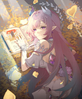 1girl bare_shoulders book breasts closed_mouth commentary cyrene_(honkai:_star_rail) cyrene_(ripples_of_past_reverie)_(honkai:_star_rail) diamond-shaped_pupils diamond_(shape) dress earrings fingernails gradient_hair hair_intakes hair_ornament highres honkai:_star_rail honkai_(series) jewelry komesiwo_syumi large_breasts long_hair looking_at_viewer looking_back multicolored_hair nail_polish open_book pink_hair pink_nails pointy_ears purple_eyes sidelocks smile solo symbol-shaped_pupils very_long_hair white_dress