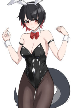 1girl animal_ear_hairband animal_ears black_hair black_leotard black_pantyhose blush bow bowtie breasts colored_inner_hair commentary_request detached_collar ellen_joe fake_animal_ears fins fish_tail hairband highres leotard multicolored_hair pantyhose playboy_bunny rabbit_ear_hairband rabbit_ears red_bow red_bowtie red_eyes shark_girl shark_tail strapless strapless_leotard tail unoimy white_wrist_cuffs wrist_cuffs zenless_zone_zero