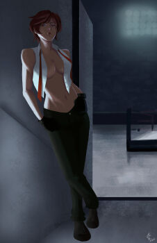 1girl against_wall aldrin_buniel aldrinbuniel breasts curvy female_focus formal_clothes huge_breasts large_breasts looking_at_viewer natsuaru open_clothes pale_skin red_eyes red_hair shirt shoes short_hair standing the_king_of_fighters thick_lips thick_thighs thighs undressing vanessa_(kof) white_shirt wide_hips