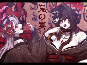 2girls bandaged_hand bandages black_nails blue_archive gauze gauze_on_cheek gauze_on_face goth_fashion grey_kimono halo japanese_clothes kimono kokuriko_(blue_archive) multiple_girls red_halo sakishimadara shuro_(blue_archive) spider_web_pattern upper_body