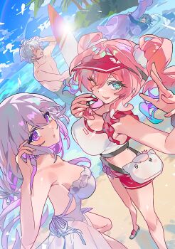 Rule 34 | 2boys, 2girls, anaxa (honkai: star rail), aqua eyes, aqua hair, beach, black shorts, blue sky, breasts, castorice (honkai: star rail), commentary, crop top, diving suit, dress, floating animal, green hair, highres, honkai: star rail, honkai (series), hyacine (honkai: star rail), large breasts, long hair, medium hair, mimlmi, multicolored hair, multiple boys, multiple girls, ocean, outdoors, palm tree, phainon (honkai: star rail), pink hair, purple eyes, purple hair, red shorts, revision, short hair, short shorts, shorts, sky, sundress, symbol-only commentary, topless male, tree, twintails, two-tone hair, white dress, white hair
