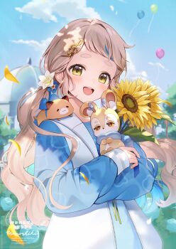 Rule 34 | 1girl, :d, balloon, blonde hair, blue sky, blue sleeves, commentary request, day, falling petals, flower, fortissimo, gonzalez (machita chima), hair flower, hair ornament, highres, holding, holding flower, jacket, livly, livly island, long hair, long sleeves, looking at viewer, low twintails, machita chima, momoshiki tsubaki, musical note, musical note hair ornament, nijisanji, open mouth, outdoors, petals, sky, smile, solo, sunflower, treble clef, twintails, upper body, virtual youtuber, white jacket, yellow eyes