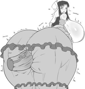 Rule 34 | 1girl, 1other, absurdres, ahegao, ass, breasts, disembodied penis, female focus, highres, huge ass, huge breasts, huge penis, kyonyuu fantasy, looking at viewer, looking back, monochrome, open mouth, penis, roxanne de desir, simple background, thanuki, tongue, tongue out, veins, veiny penis, white background