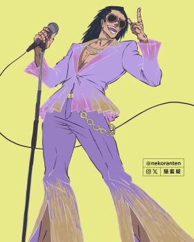 Rule 34 | 1boy, absurdres, alternate costume, black hair, bleach, chain, commentary, english commentary, hair down, highres, jacket, jewelry, male focus, microphone, microphone stand, necklace, nekoranten, no shirt, open mouth, pants, purple eyes, purple jacket, purple pants, solo, suit jacket, sunglasses, twitter username, zaraki kenpachi