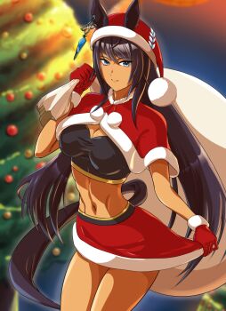 1girl abs animal_ears bag black_hair blue_eyes breasts capelet cleavage closed_mouth commentary_request difkworks earrings ears_through_headwear fur-trimmed_capelet fur-trimmed_gloves fur-trimmed_headwear fur-trimmed_skirt fur_trim gift gloves hat highres holding holding_bag horse_ears horse_girl horse_tail jewelry long_hair looking_at_viewer medium_breasts navel red_capelet red_gloves red_hat red_skirt santa_hat single_earring skirt smile solo stomach symboli_kris_s_(umamusume) tail toned umamusume very_long_hair