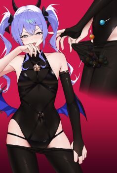 1girl absurdres alternate_costume alternate_hairstyle black_leotard black_pantyhose blue_eyes blue_hair bridal_gauntlets candy clothing_cutout commentary_request covered_navel demon_girl demon_horns demon_wings double-parted_bangs elbow_gloves flat_chest food gloves hair_between_eyes hair_ribbon halter_leotard halterneck highres hip_vent hololive horns hoshimachi_suisei leotard long_hair looking_at_viewer multiple_views open_mouth pantyhose red_background ribbon sidelocks simple_background single_glove solo twintails virtual_youtuber wings yozora_(1wkdgusdn)