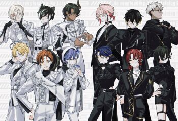 6+boys ;) adapted_costume adjusting_necklace aiguillette alternate_costume animal_ears aqua_hair aragami_oga arm_at_side arurandeisu astel_leda asymmetrical_clothes asymmetrical_sleeves barcode barcode_tattoo belt beret black_belt black_choker black_gloves black_hair black_jacket black_nails black_pants black_ribbon black_shirt black_vs_white blonde_hair blue_eyes blue_hair brooch chain chain_necklace choker clothing_cutout collar_chain_(jewelry) collarbone colored_inner_hair comb_over commentary cowboy_shot crew_neck cropped_jacket crossed_bangs curtained_hair dark-skinned_male dark_skin demon_horns earrings elbow_gloves everyone expressionless feet_out_of_frame fingerless_gloves flower four-finger_heart_hands glasses gloves gold_trim green_eyes grey_eyes grey_hair grin hair_between_eyes hair_flower hair_ornament hair_over_one_eye hair_over_shoulder hairclip hanasaki_miyabi hand_on_own_head hand_on_own_hip hat heart heart_hands heterochromia highres hip_vent hitodama holostars horns jackal_boy jackal_ears jackal_tail jacket jewelry kageyama_shien kanade_izuru kishido_temma lapel_pin lapels layered_sleeves long_hair long_sleeves looking_at_viewer low_ponytail male_focus mandarin_collar medium_hair minase_rio mole mole_under_eye momiage_40 multicolored_hair multiple_boys nail_polish neck_ribbon neck_tattoo necklace notched_lapels o-ring o-ring_choker one_eye_closed open_clothes open_jacket open_mouth orange_eyes orange_hair own_hands_together padded_jacket pants parted_bangs parted_lips pink_hair ponytail profile purple_eyes purple_hair red_hair ribbon rikka_(holostars) shirt short-sleeved_jacket short_hair short_over_long_sleeves short_sleeves shoulder_pads sideways_glance single_horn single_pantsleg sleeve_garter smile standing star_(symbol) star_brooch star_earrings steepled_fingers streaked_hair tail tassel tattoo thigh_strap three-quarter_sleeves thumb_ring triangle_earrings turtleneck turtleneck_shirt two-tone_hair undercut upper_body utsugi_uyu virtual_youtuber watermark white_background white_belt white_hair white_hat white_jacket white_pants white_shirt yatogami_fuma yellow_eyes yukoku_roberu