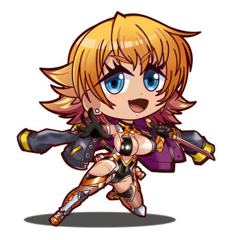 1girl armored_boots bare_shoulders black_gloves black_leotard blonde_hair blue_eyes blush boots breasts chibi cleavage_cutout clothing_cutout copyright_name covered_navel curvy dark-skinned_female dark_skin full_body gloves highleg highleg_leotard highres holding holding_weapon igawa_sakura impossible_clothes impossible_leotard jacket jacket_on_shoulders jumping large_breasts leotard lilith-soft lips open_clothes open_mouth revealing_clothes shiny_skin short_hair simple_background skin_tight smile solo taimanin_(series) taimanin_asagi taimanin_rpgx taimanin_suit tan tanline thighhighs thong_leotard ttakuhana3103 weapon white_background wide_hips