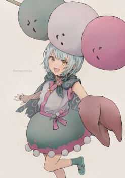 1girl :d amayomiyu blue_hair bungo_yayoi commentary crab_claw dango fake_pincers fingerless_gloves fishnet_gloves fishnets food foot_out_of_frame gloves green_skirt green_socks heaven_burns_red looking_at_viewer mitarashi_dango open_mouth sandals shirt short_hair simple_background skirt sleeveless sleeveless_shirt smile socks solo standing standing_on_one_leg twitter_username v-shaped_eyebrows wagashi white_shirt yellow_eyes