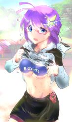 Rule 34 | 1girl, ahoge, antenna hair, black skirt, blue eyes, breasts, building, clothes lift, day, e-sports, fighting game, flying sweatdrops, glasses, hair ornament, highres, hood, hoodie, hoodie lift, large breasts, long sleeves, looking at viewer, navel, open mouth, original, outdoors, purple hair, red-framed eyewear, semi-rimless eyewear, short hair, sketch, skirt, small breasts, sparkle, sparkling sweat, stomach, sun glare, sunlight, sunz, sweat, tree, under-rim eyewear, underboob, very sweaty