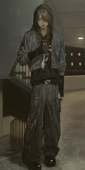 1boy absurdres arm_warmers baggy_pants belt black_hoodie black_nails black_pants black_shirt black_shoes bracelet brown_eyes brown_hair chain charm_(object) cropped_jacket fangs full_body gem grey_jacket hair_over_one_eye hallway highres hirota_tsuu holding holding_knife hood hood_up hoodie jacket jewelry knife long_hair long_sleeves male_focus original pants patch piercing pocket shirt shirt_tucked_in shoes sleeves_pushed_up solo spiked_bracelet spikes stairs standing tongue tongue_out tongue_piercing v virtual_pet_(toy) wolf_cut zipper
