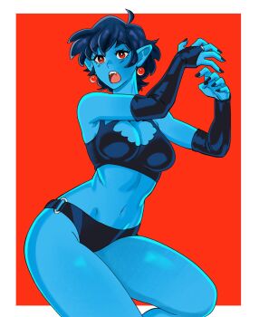 1girl bikini black_bikini black_hair blue_skin border borrowed_character breasts colored_skin commentary earrings elbow_gloves english_commentary fangs gloves highres hypurh jewelry jude_(suoiresnu) looking_at_viewer medium_breasts navel o-ring o-ring_bikini original pointy_ears red_eyes shiny_skin short_hair solo swimsuit white_border