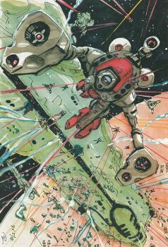 1980s_(style) 1982 alien battle choujikuu_yousai_macross dated debris energy_beam energy_cannon fleet glaug in_orbit kawamori_shouji machinery macross marker_(medium) mecha mecha_focus oldschool one-eyed planet regult retro_artstyle robot scan science_fiction signature space spacecraft traditional_media walker_(robot) zentradi