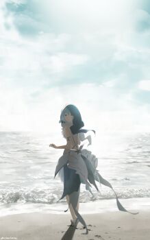 1girl absurdres armlet bare_shoulders black_flower blake_bloom_(wuthering_waves) blue_hair blue_veil breasts closed_mouth commentary cryne dress flower from_behind full_body heel-less_heels highres jewelry long_hair looking_at_viewer looking_back medium_breasts ocean outdoors purple_eyes sandals shore shorekeeper_(wuthering_waves) sleeveless sleeveless_dress smile solo twitter_username veil white_dress white_sandals wuthering_waves