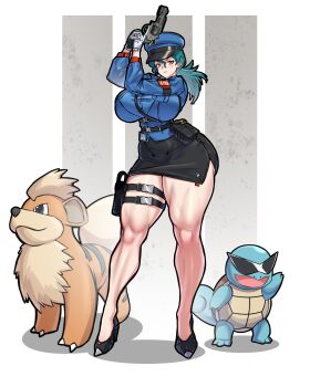 absurdres alternate_breast_size_(larger) arcanine black_shirt black_shoes breasts gen_1_pokemon green_hair gun handgun hat high_heels highres holster huge_breasts jenny_(pokemon) looking_at_viewer mold_(pixiv6616319) muscular muscular_female nintendo orange_eyes pokemon police police_hat police_uniform policewoman revolver shirt shoes short_shorts shorts smile squirtle thick_thighs thigh_holster thighs trigger_discipline weapon