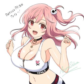 1girl artist_name azuresakura bare_shoulders belt bikini bikini_under_clothes black_choker blush breasts choker cleavage collarbone commentary copyright_name dead_or_alive hair_ornament heart_collar honoka_(doa) jewelry large_breasts long_hair looking_at_viewer midriff navel necklace one_side_up open_mouth orange_bikini pink_eyes pink_hair red_belt shirt signature simple_background skull_hair_ornament smile solo stomach striped_bikini striped_clothes swimsuit venus_vacation_prism:_dead_or_alive_xtreme white_background white_shirt