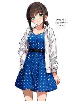 1girl belt black_hair blue_dress blush breasts cleavage collarbone commentary_request dated dress fubuki_(kancolle) fubuki_(spring)_(kancolle) green_eyes hanako_(peanut) highres hood hooded_jacket hoodie jacket kantai_collection looking_at_viewer low_ponytail official_alternate_costume polka_dot polka_dot_dress ponytail short_ponytail smile solo white_jacket