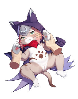 1boy 1girl absurdres animal_hood bandana bandana_around_neck blush cleft_of_venus cloak closed_mouth crying crying_with_eyes_open disembodied_hand fang felyne furry grabbing_another's_arm highres hood hooded_cloak imminent_rape loli looking_at_viewer lying monster_hunter_(series) on_back paw_print pawpads pink_hair pinned pussy red_bandana short_hair simple_background tan_liao tears tsukino_(monster_hunter) uncensored whiskers white_background